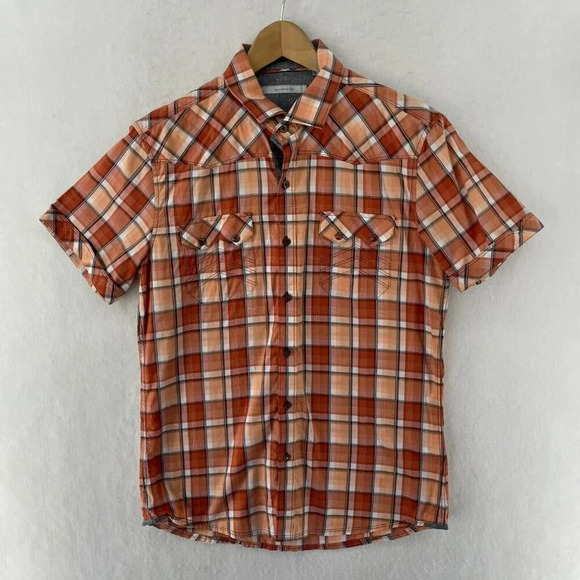 7 Diamonds Shirt Men's Sz M Orange Button-Up Plaid Collared Regular Fit Pockets - Picture 1 of 10